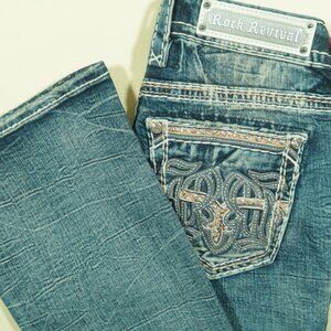 Rock Revival Rosalie Boot Cut Jeans Womens 27 Blue Mid Rise Embellished